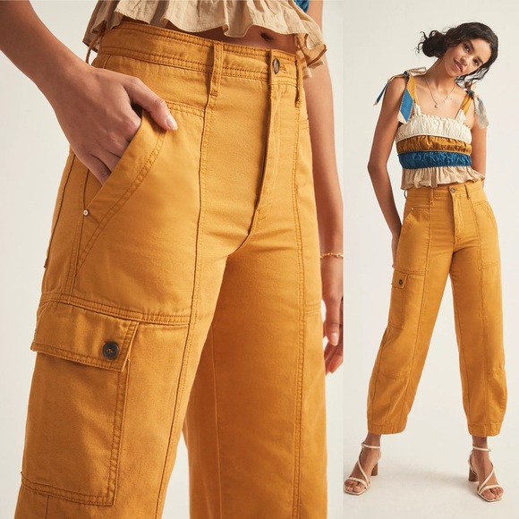 Anthropologie Brendan Utility Pants 8 Mustard Cargo Barrel Ankle High Rise Pants - Picture 2 of 16